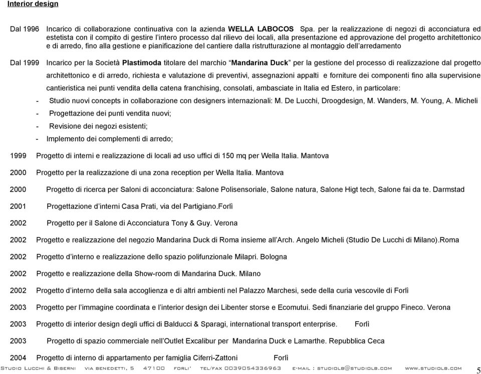 arredo, fino alla gestione e pianificazione del cantiere dalla ristrutturazione al montaggio dell arredamento Dal 1999 Incarico per la Società Plastimoda titolare del marchio Mandarina Duck per la