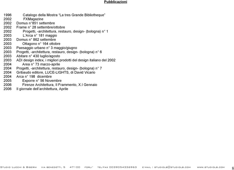 2003 Abitare n 430 luglio/agosto 2003 ADI design index, i migliori prodotti del design italiano del 2002 2004 Area n 73 marzo-aprile 2004 Progetti, -architettura, restauro, design- (bologna) n 7