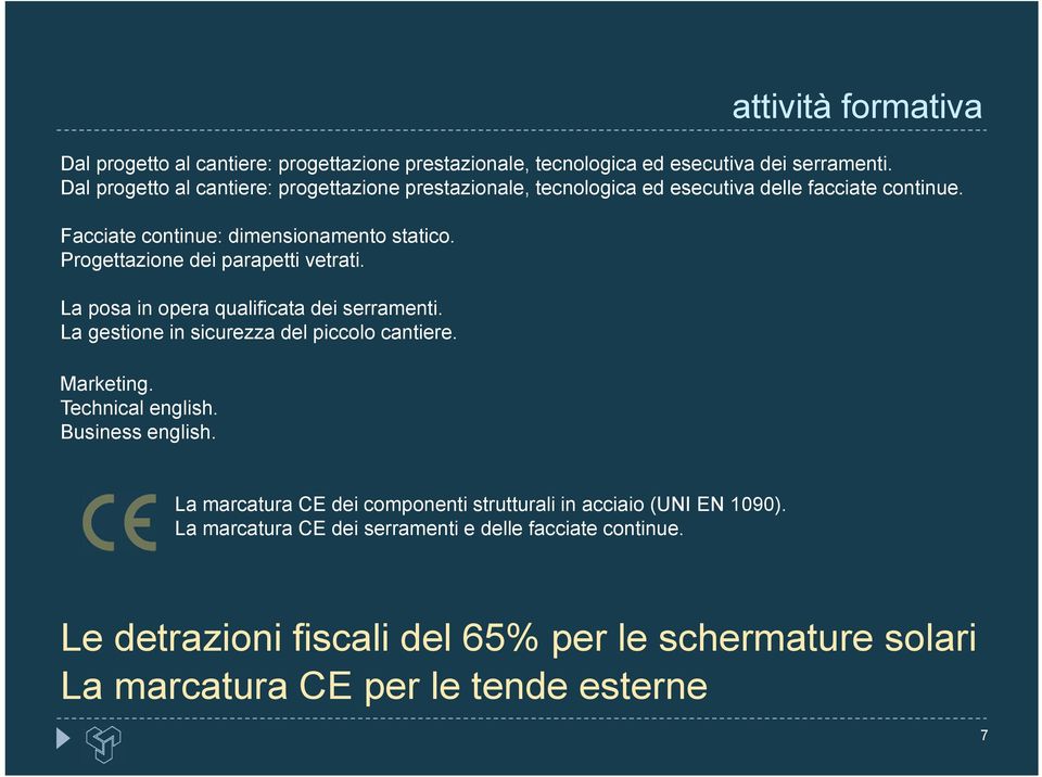 Progettazione dei parapetti vetrati. La posa in opera qualificata dei serramenti. La gestione in sicurezza del piccolo cantiere. Marketing.