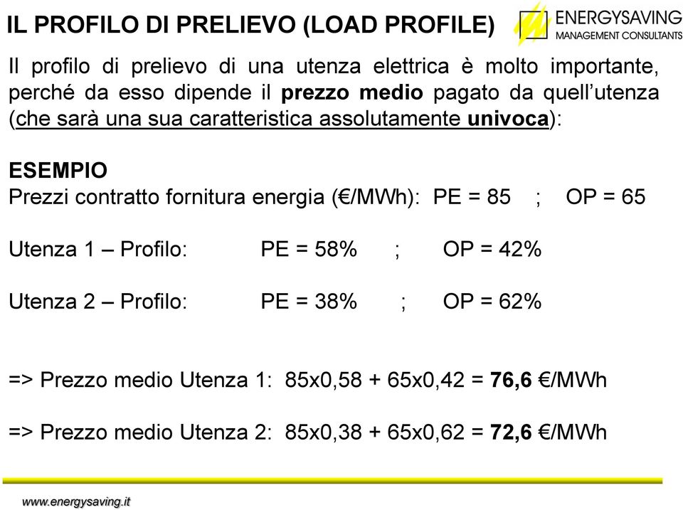 contratto fornitura energia ( /MWh): PE = 85 ; OP = 65 Utenza 1 Profilo: PE = 58% ; OP = 42% Utenza 2 Profilo: PE = 38%