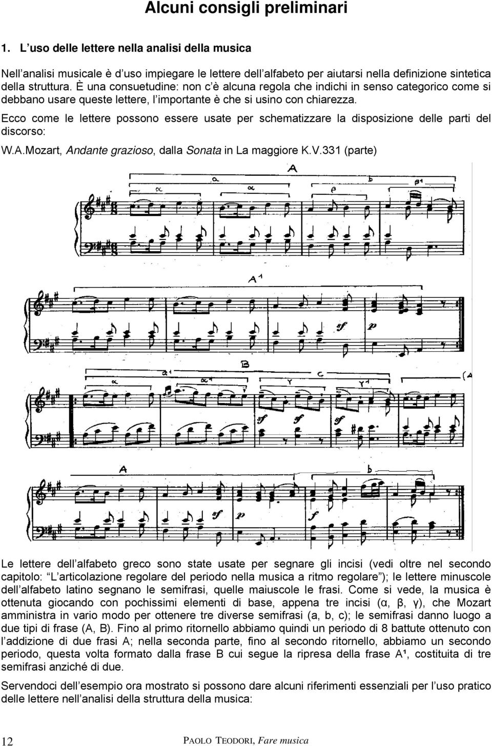 Ecco come le lettere possono essere usate per schematizzare la disposizione delle parti del discorso: W.A.Mozart, Andante grazioso, dalla Sonata in La maggiore K.V.