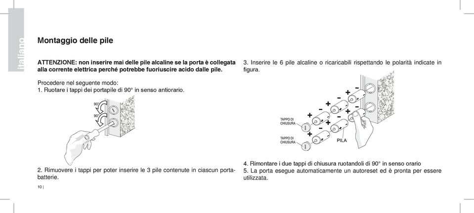 Inserire le 6 pile alcaline o ricaricabili rispettando le polarità indicate in figura. 2.