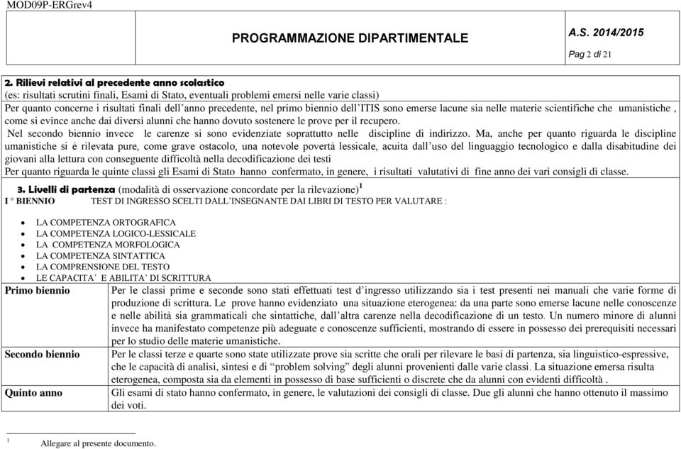 precedente, nel primo biennio dell ITIS sono emerse lacune sia nelle materie scientifiche che umanistiche, come si evince anche dai diversi alunni che hanno dovuto sostenere le prove per il recupero.