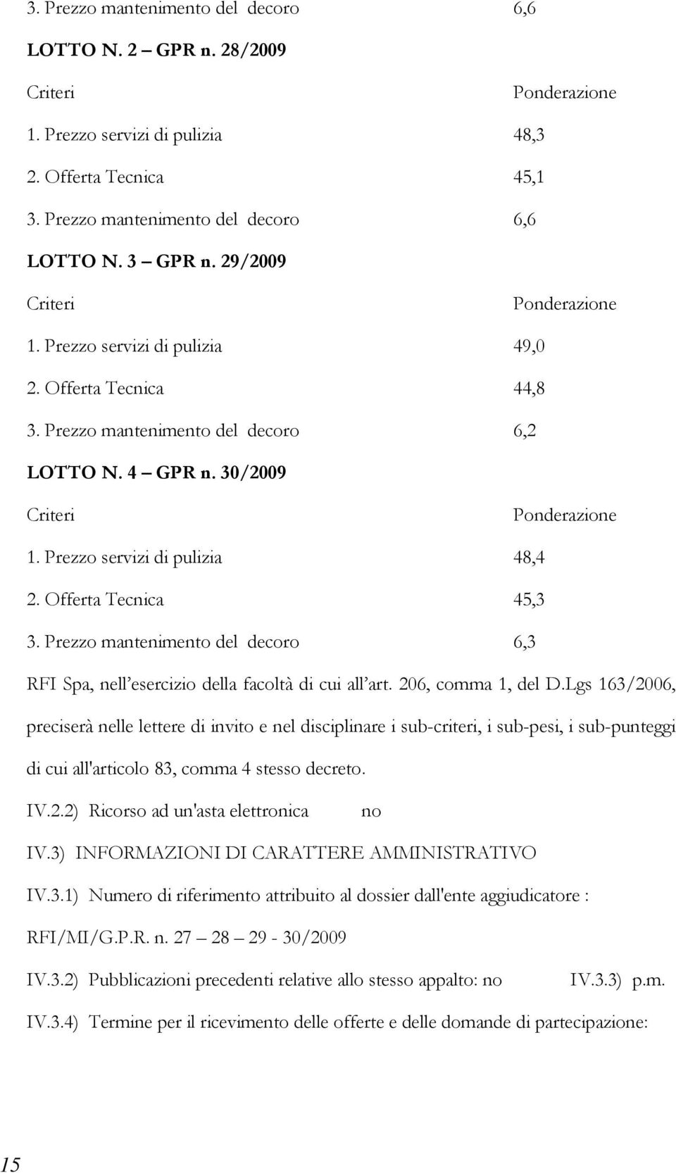 Prezzo servizi di pulizia 48,4 2. Offerta Tecnica 45,3 3. Prezzo mantenimento del decoro 6,3 RFI Spa, nell esercizio della facoltà di cui all art. 206, comma 1, del D.