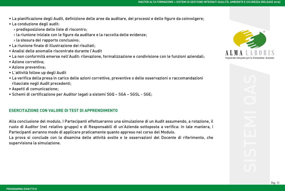 Audit La non conformità emerse nell Audit: rilevazione, formalizzazione e condivisione con le funzioni aziendali; Azione correttiva; Azione preventiva; L attività follow up degli Audit La verifica