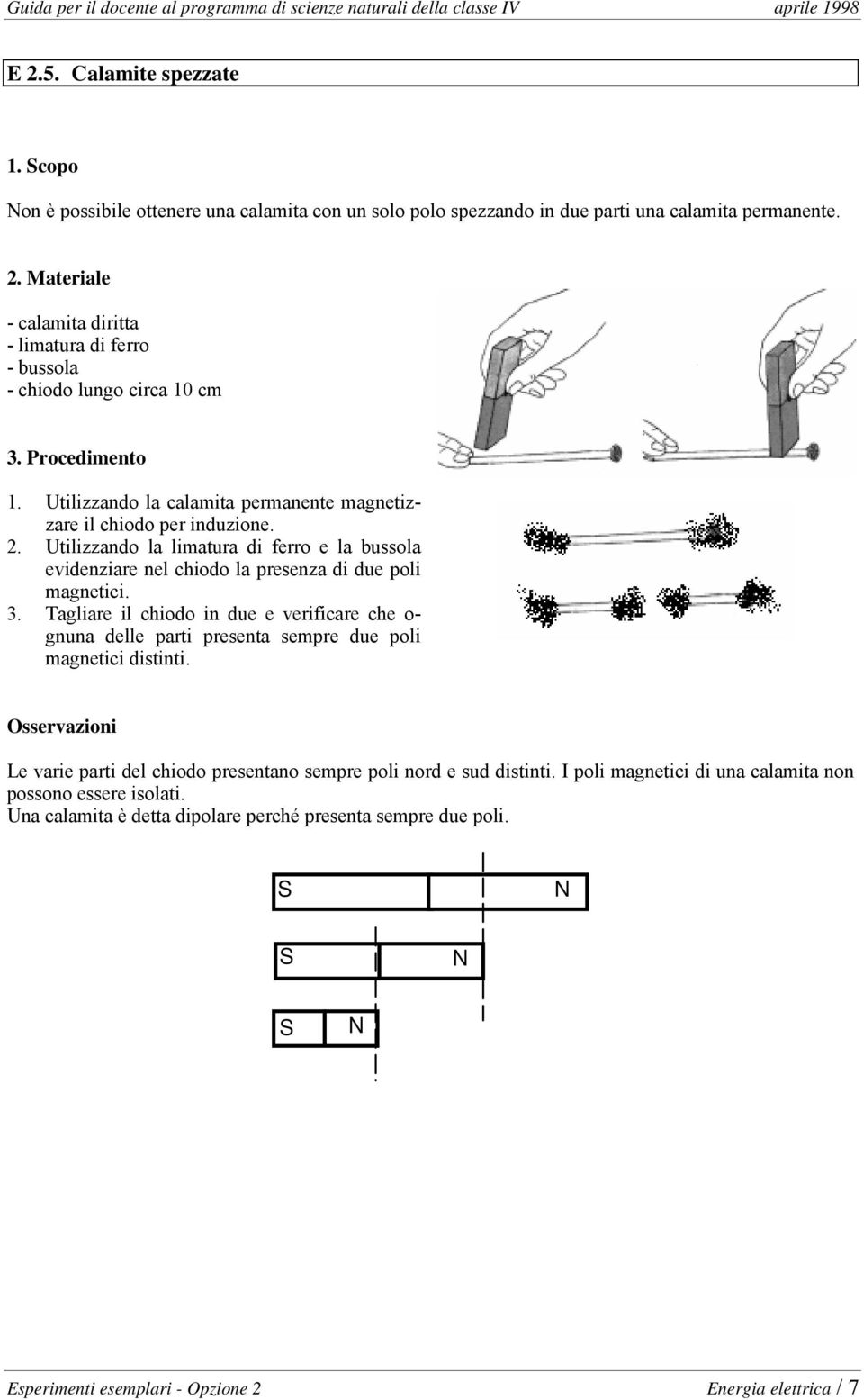 Utilizzando la limatura di ferro e la bussola evidenziare nel chiodo la presenza di due poli magnetici. 3.