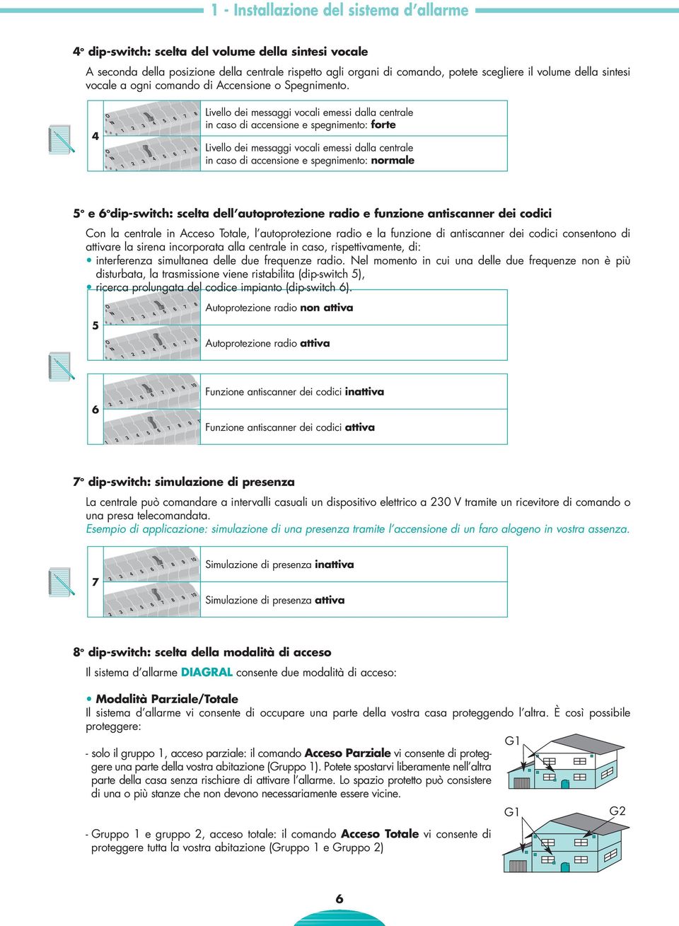 Livello dei messaggi vocali emessi dalla centrale in caso di accensione e spegnimento: forte Livello dei messaggi vocali emessi dalla centrale in caso di accensione e spegnimento: normale o e o