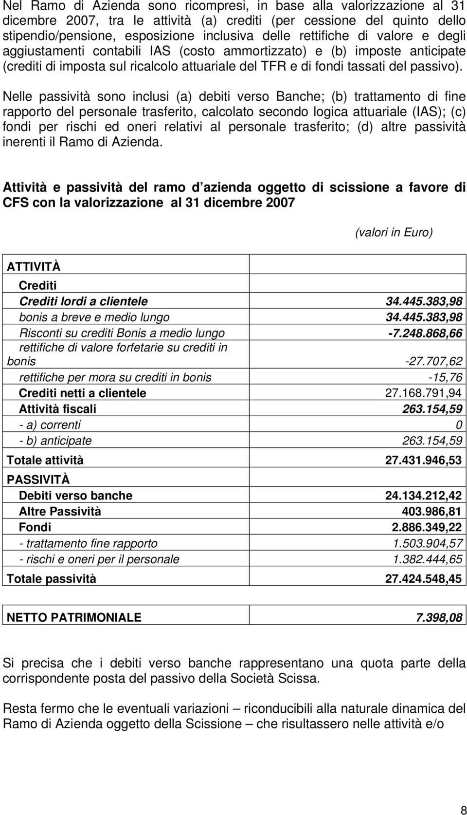 Nelle passività sono inclusi (a) debiti verso Banche; (b) trattamento di fine rapporto del personale trasferito, calcolato secondo logica attuariale (IAS); (c) fondi per rischi ed oneri relativi al