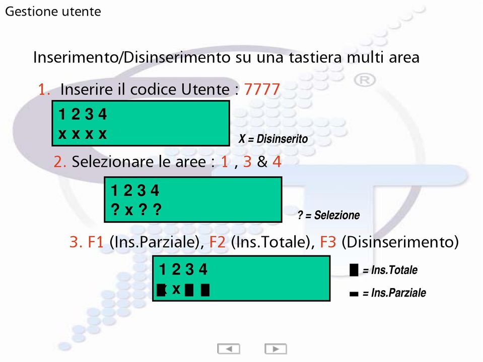 Selezionare le aree : 1, 3 & 4 1 2 3 4? x??? = Selezione 3. F1 (Ins.