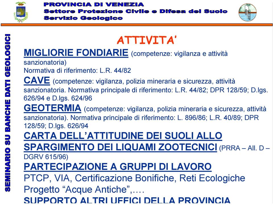 Normativa principale di riferimento: L. 896/86; L.R. 40/89; DPR 128/59; D.lgs. 626/94 CARTA DELL ATTITUDINE DEI SUOLI ALLO SPARGIMENTO DEI LIQUAMI ZOOTECNICI (PRRA All.