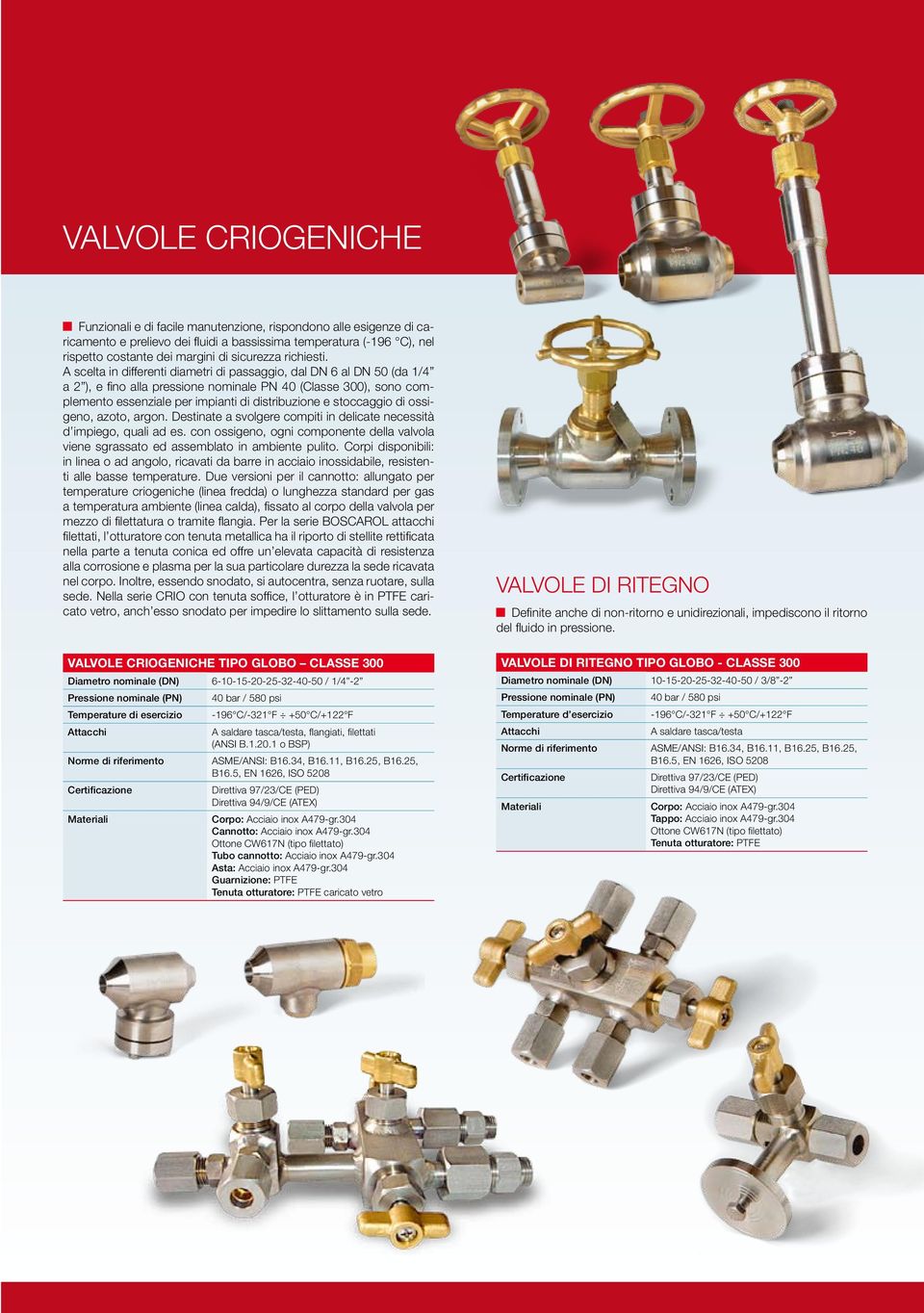 A scelta in differenti diametri di passaggio, dal DN 6 al DN 50 (da 1/4 a 2 ), e fino alla pressione nominale PN 40 (Classe 300), sono complemento essenziale per impianti di distribuzione e