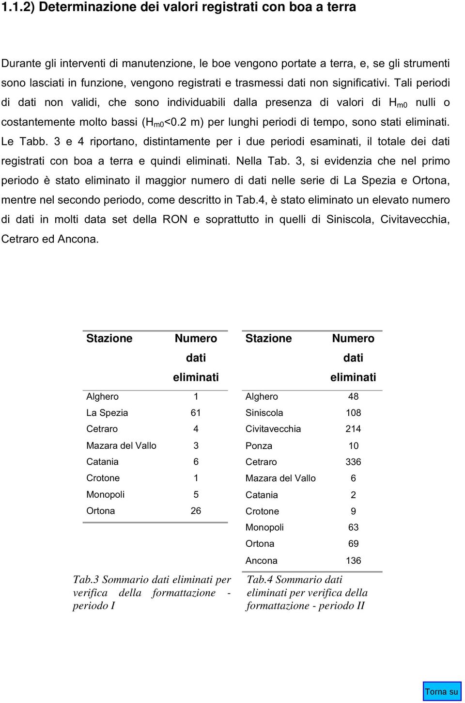 2 m) per lunghi periodi di tempo, sono stati eliminati. Le Tabb. 3 e 4 riportano, distintamente per i due periodi esaminati, il totale dei dati registrati con boa a terra e quindi eliminati.