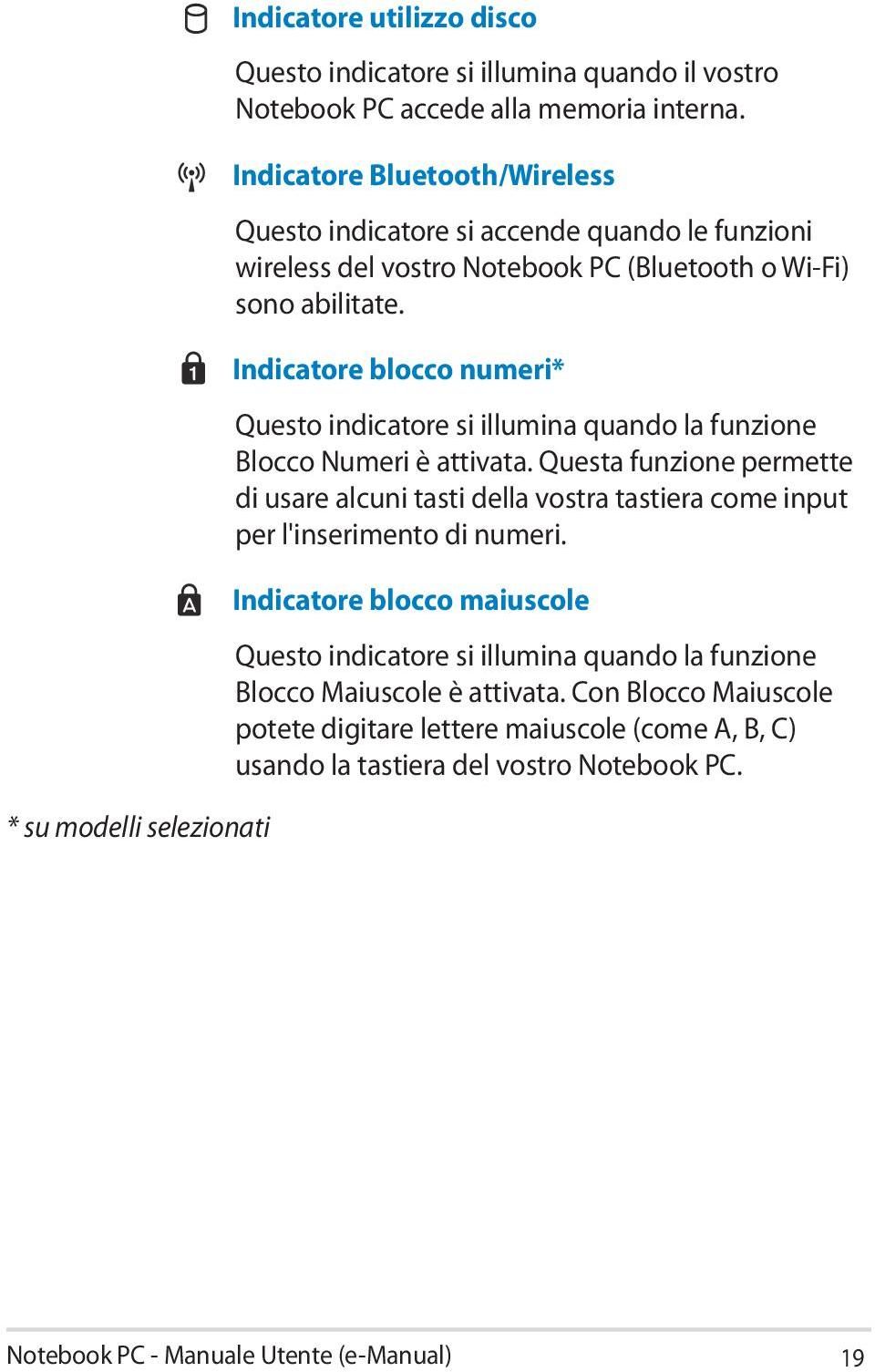 Indicatore blocco numeri* Questo indicatore si illumina quando la funzione Blocco Numeri è attivata.