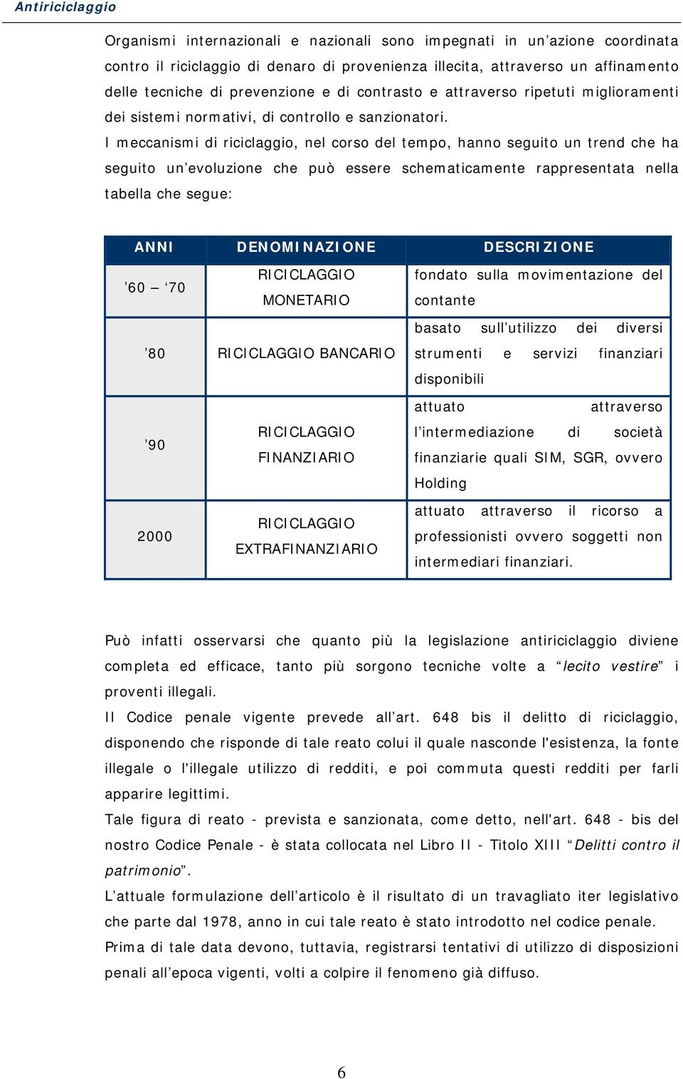 I meccanismi di riciclaggio, nel corso del tempo, hanno seguito un trend che ha seguito un evoluzione che può essere schematicamente rappresentata nella tabella che segue: ANNI DENOMINAZIONE