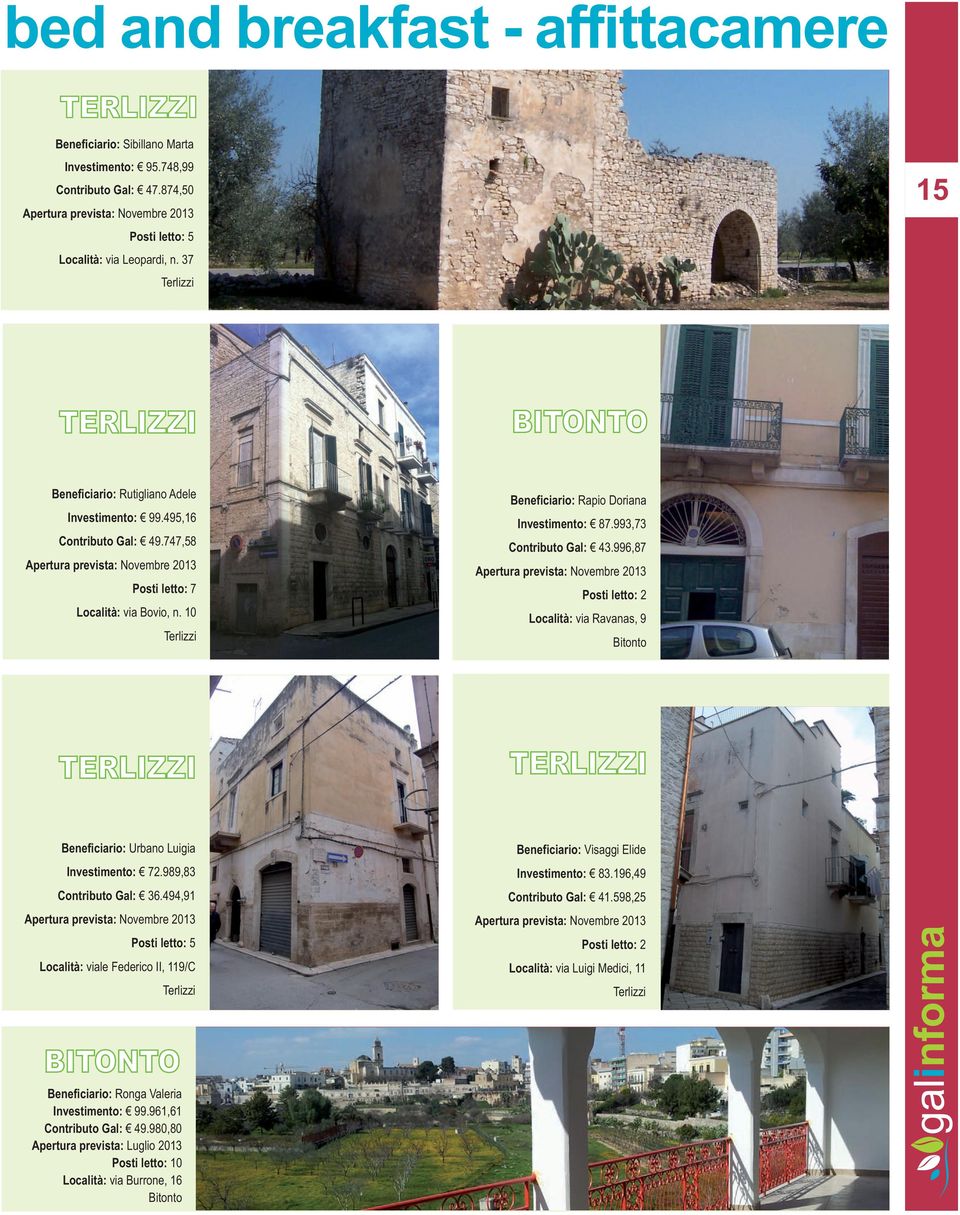 996,87 Posti letto: 2 Località: via Ravanas, 9 Bitonto Beneficiario: Urbano Luigia Investimento: 72.989,83 Contributo Gal: 36.