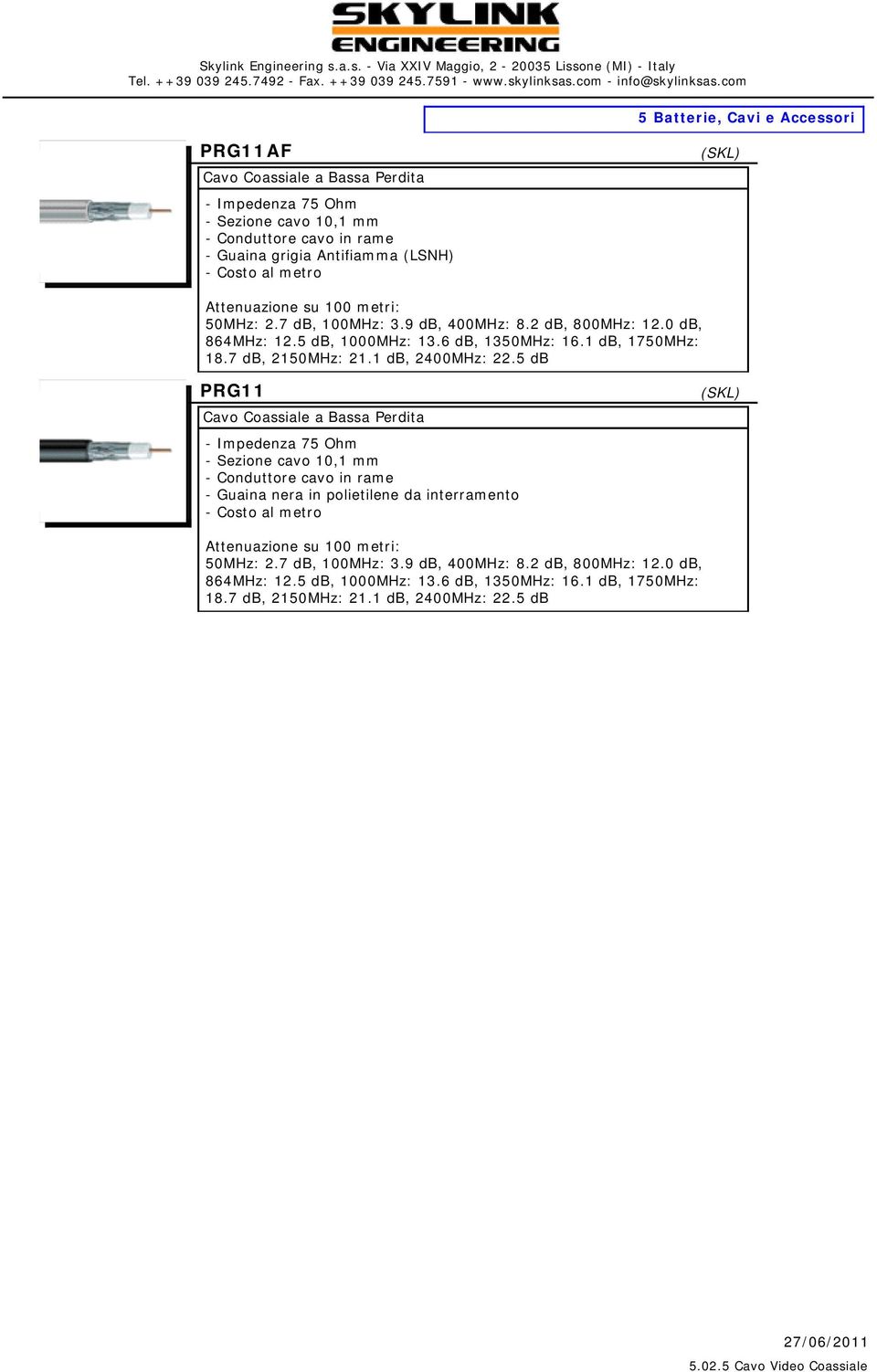 5 db PRG11 Cavo Coassiale a Bassa Perdita - Impedenza 75 Ohm - Sezione cavo 10,1 mm - Conduttore cavo in rame - Guaina nera in polietilene da interramento - (SKL) Attenuazione su