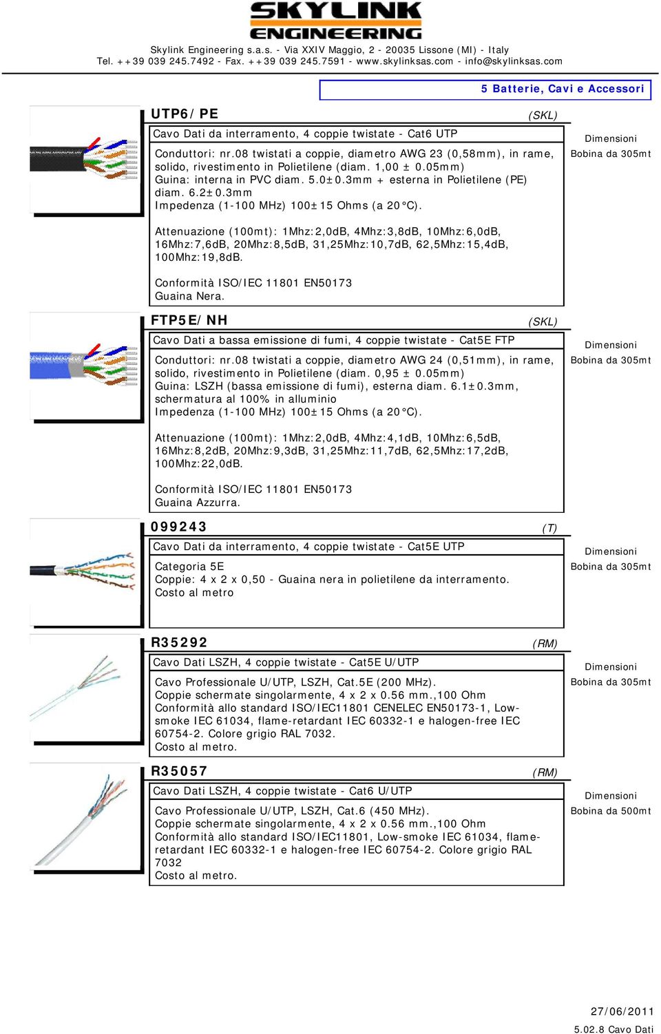 Bobina da 305mt Attenuazione (100mt): 1Mhz:2,0dB, 4Mhz:3,8dB, 10Mhz:6,0dB, 16Mhz:7,6dB, 20Mhz:8,5dB, 31,25Mhz:10,7dB, 62,5Mhz:15,4dB, 100Mhz:19,8dB. Conformità ISO/IEC 11801 EN50173 Guaina Nera.