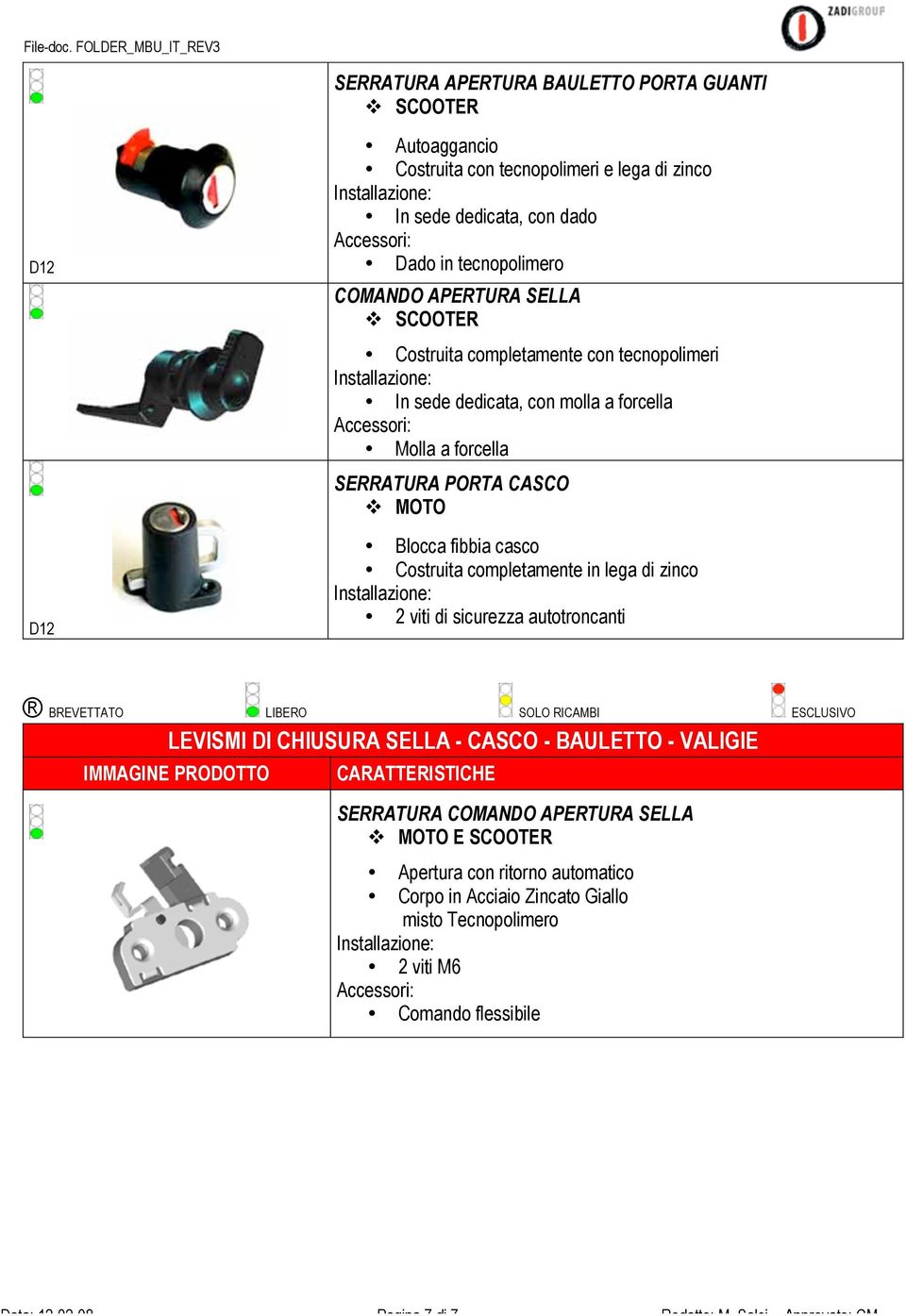 SCOOTER Costruita completamente con tecnopolimeri In sede dedicata, con molla a forcella Accessori: Molla a forcella SERRATURA PORTA CASCO Blocca fibbia casco Costruita completamente