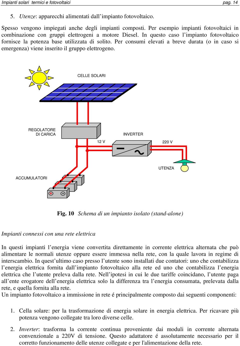 Per consumi elevati a breve durata (o in caso si emergenza) viene inserito il gruppo elettrogeno. CELLE SOLARI REGOLATORE DI CARICA INVERTER 12 V 220 V UTENZA ACCUMULATORI Fig.