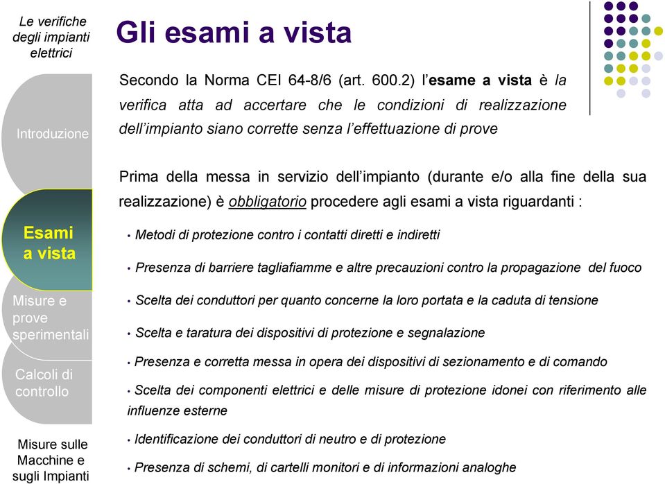 della sua realizzazione) è obbligatorio procedere agli esami riguardanti : Metodi di protezione contro i contatti diretti e indiretti Presenza di barriere tagliafiamme e altre precauzioni contro la