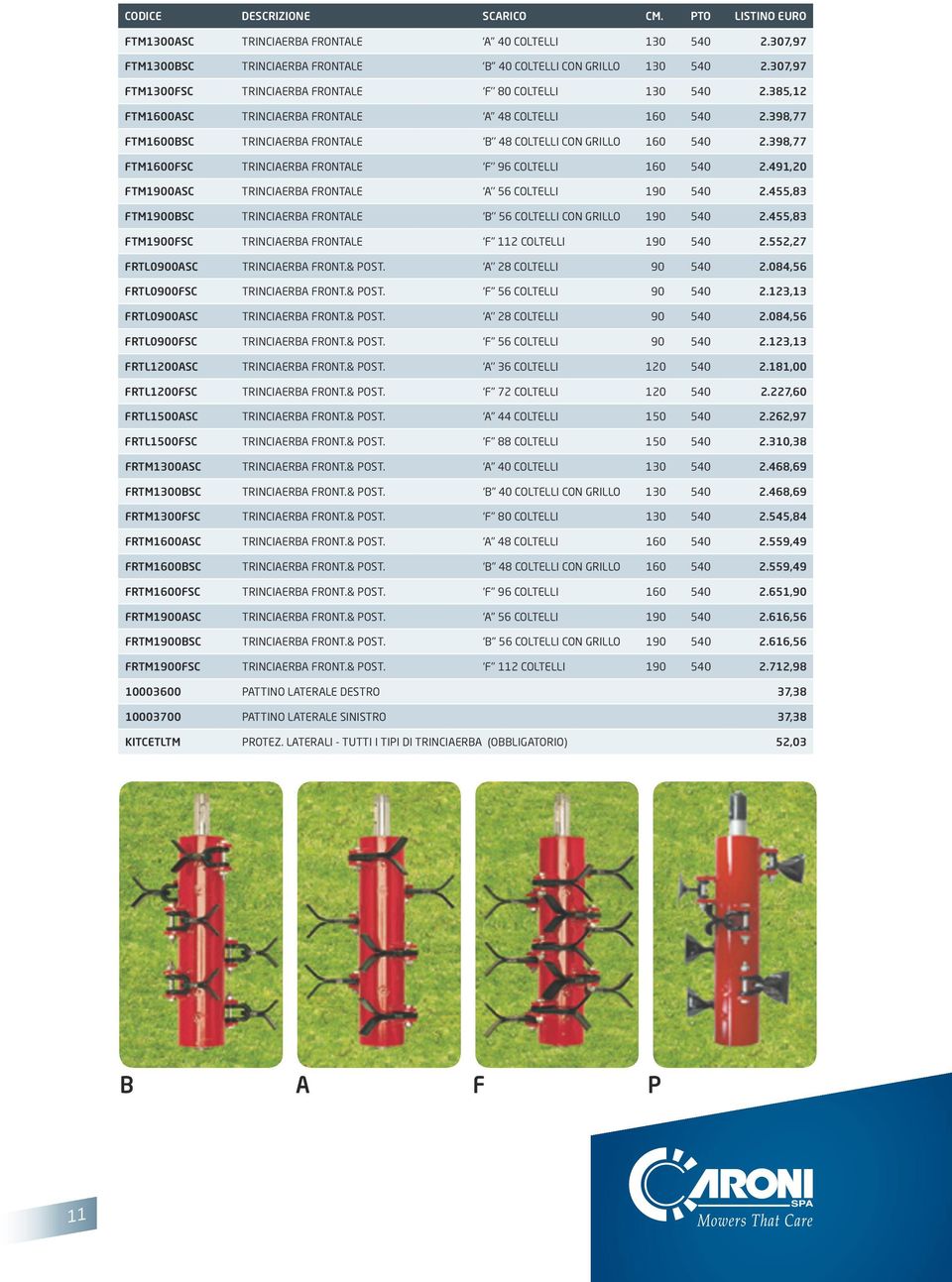 398,77 FTM1600FSC TRINCIAERBA FRONTALE F 96 COLTELLI 160 2.491,20 FTM1900ASC TRINCIAERBA FRONTALE A 56 COLTELLI 190 2.455,83 FTM1900BSC TRINCIAERBA FRONTALE B 56 COLTELLI CON GRILLO 190 2.