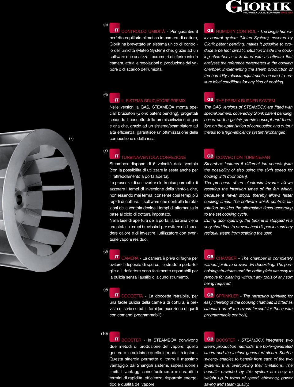 HUMIDITY CONTROL - The single humidity control system (Meteo System), covered by Giorik patent pending, makes it possible to produce a perfect climatic situation inside the cooking chamber as it is