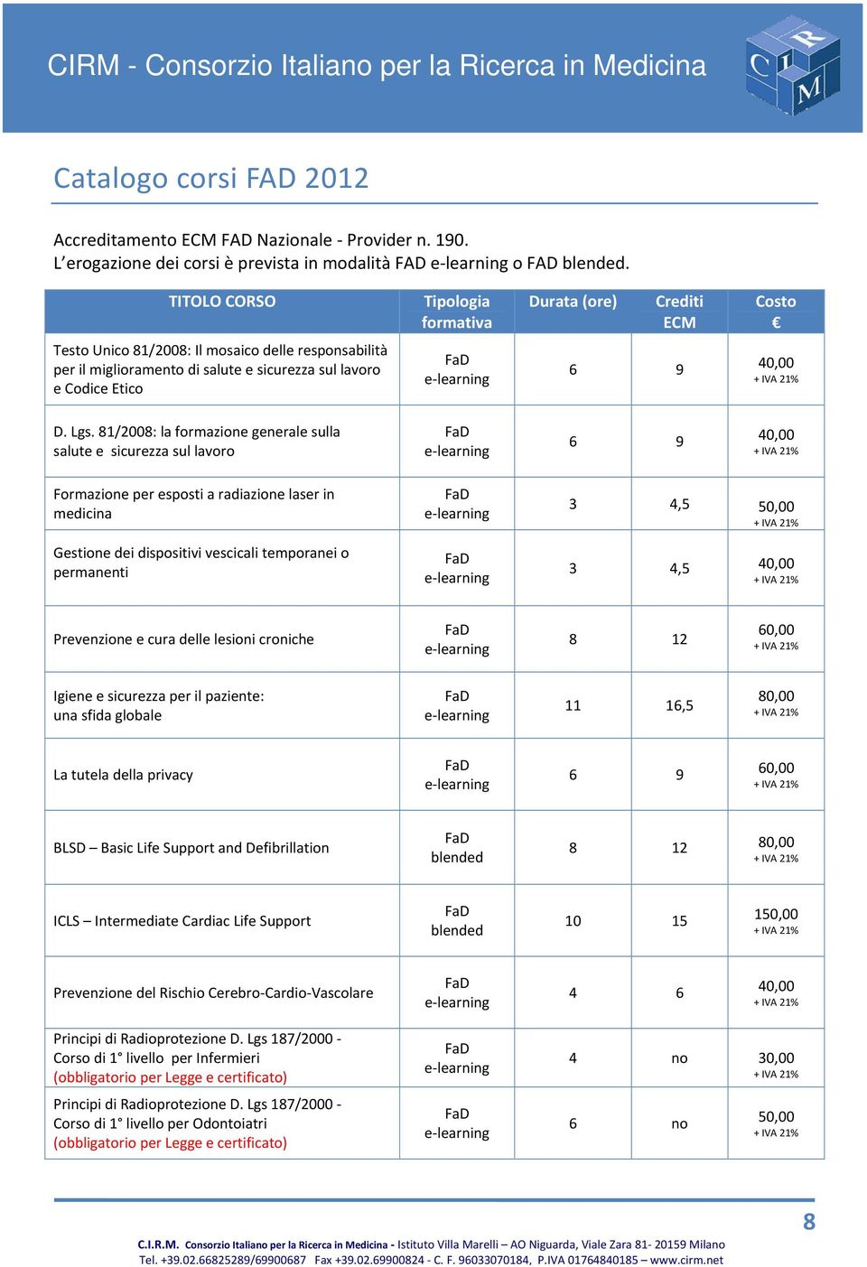 81/2008: la formazione generale sulla salute e sicurezza sul lavoro 6 9 Formazione per esposti a radiazione laser in medicina Gestione dei dispositivi vescicali temporanei o permanenti 3 4,5 50,00 3