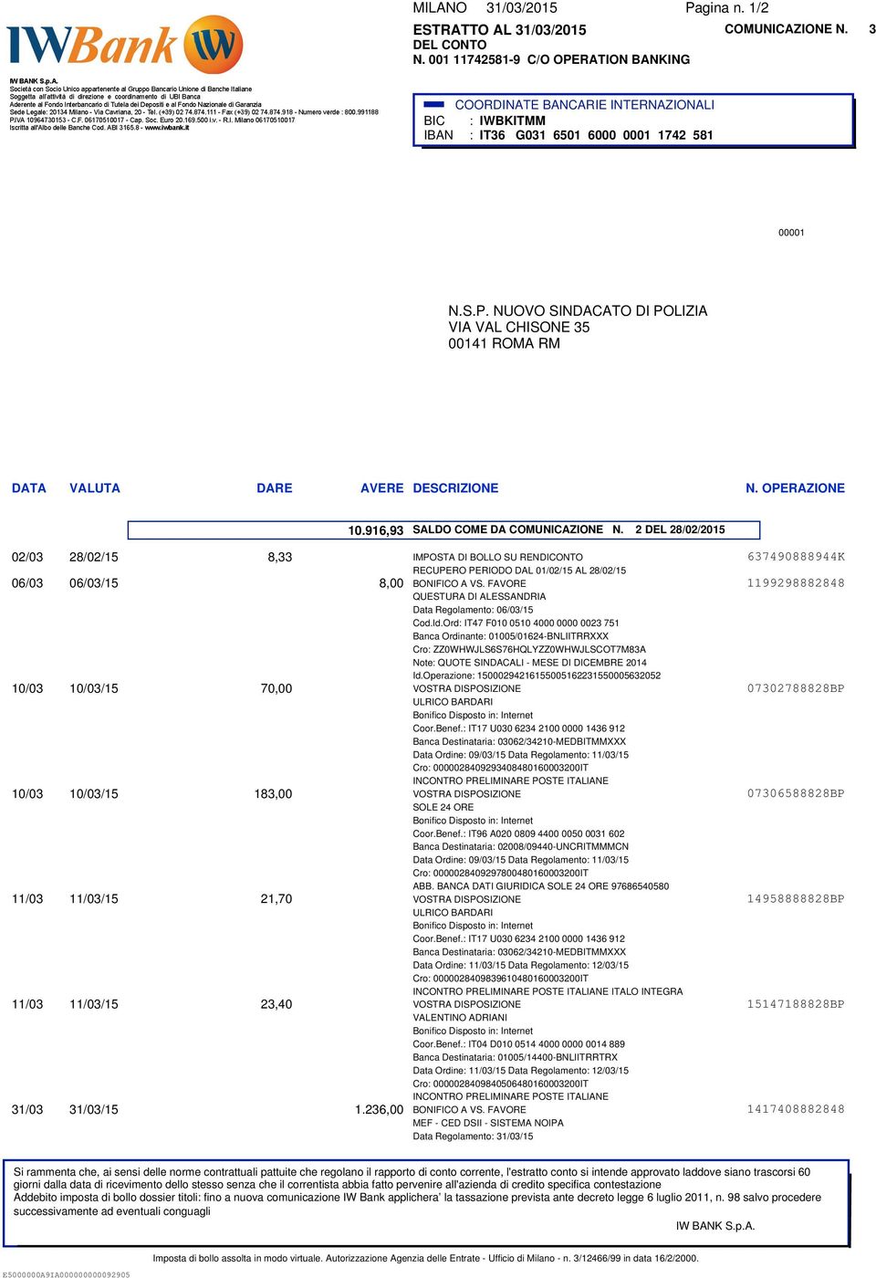 OPERAZIONE 10.916,93 SALDO COME DA COMUNICAZIONE N.