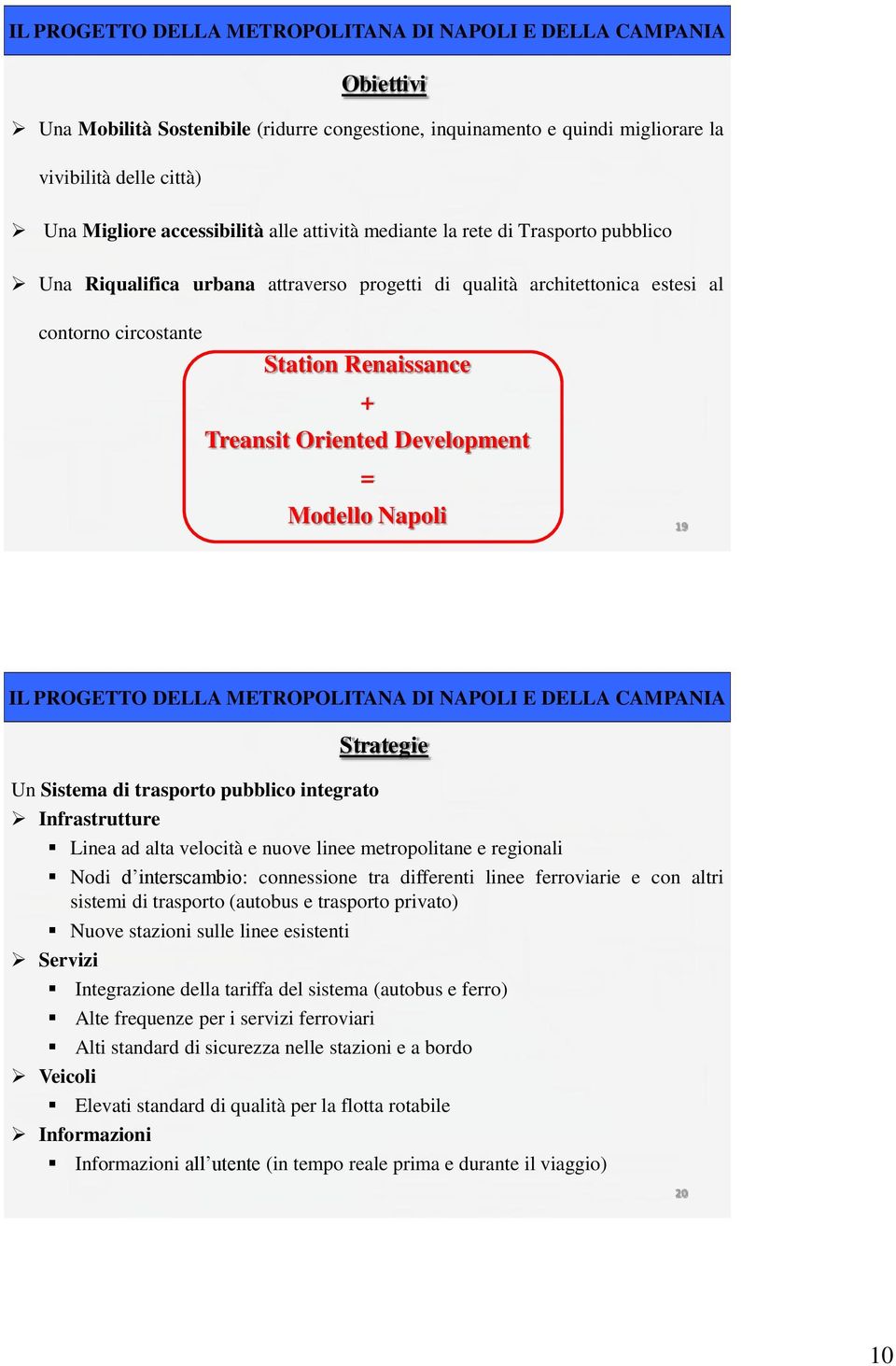 Oriented Development = Modello Napoli 19 IL PROGETTO DELLA METROPOLITANA DI NAPOLI E DELLA CAMPANIA Strategie Un Sistema di trasporto pubblico integrato Infrastrutture Linea ad alta velocità e nuove