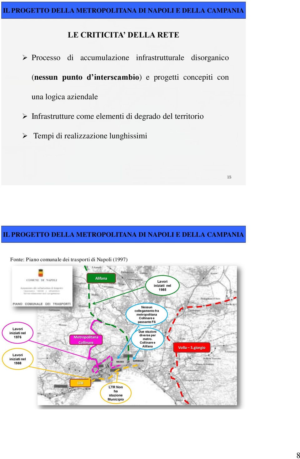 NAPOLI E DELLA CAMPANIA Fonte: Piano comunale dei trasporti di Napoli (1997) Alifana Lavori iniziati nel 1985 Nessun collegamento fra metropolitana Collinare e passante FS