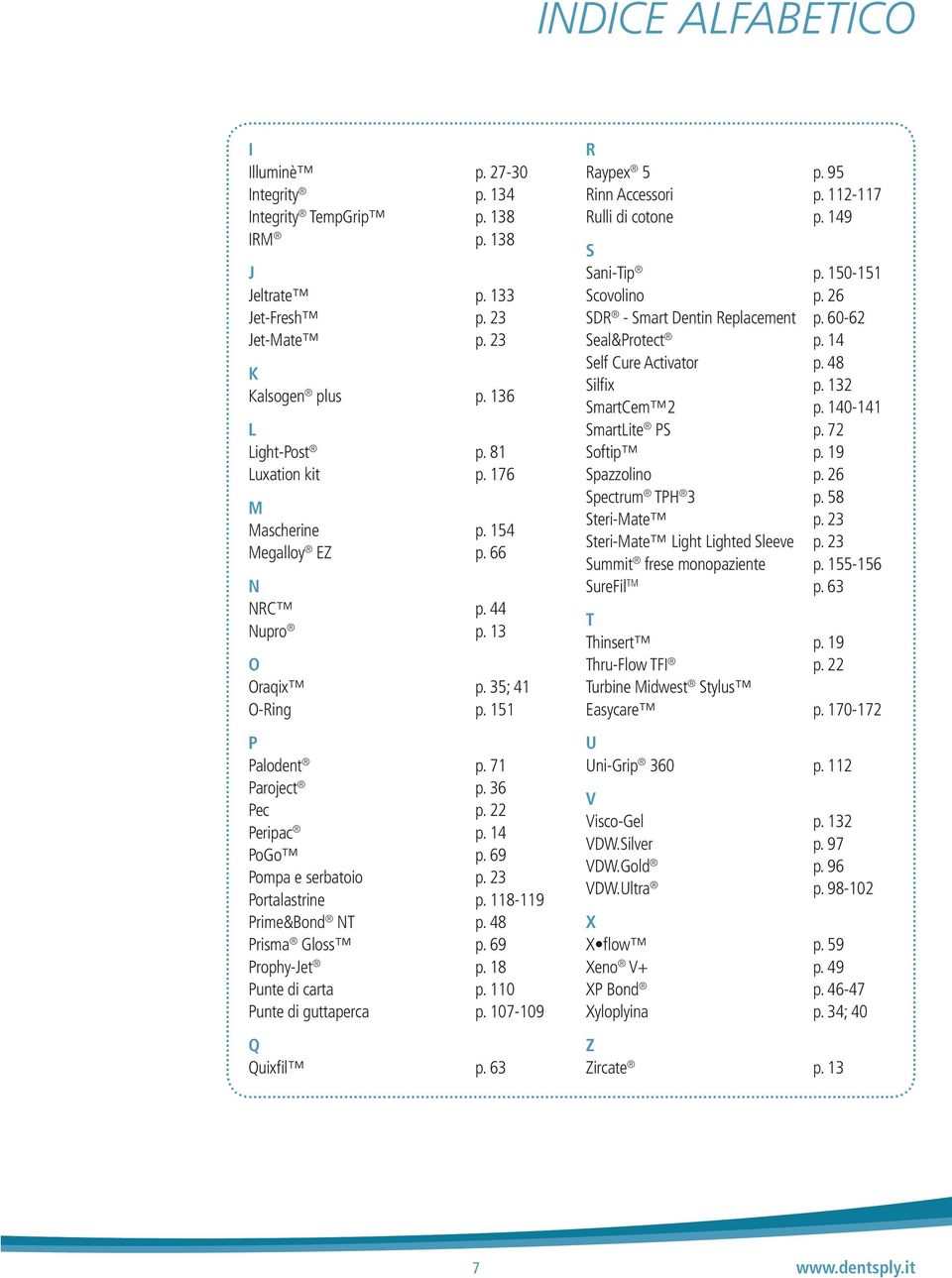 149 S Sani-Tip p. 150-151 Scovolino p. 26 SDR - Smart Dentin Replacement p. 60-62 Seal&Protect p. 14 Self Cure Activator p. 48 Silfix p. 132 SmartLite PS p. 72 Spazzolino p. 26 Spectrum TPH 3 p.