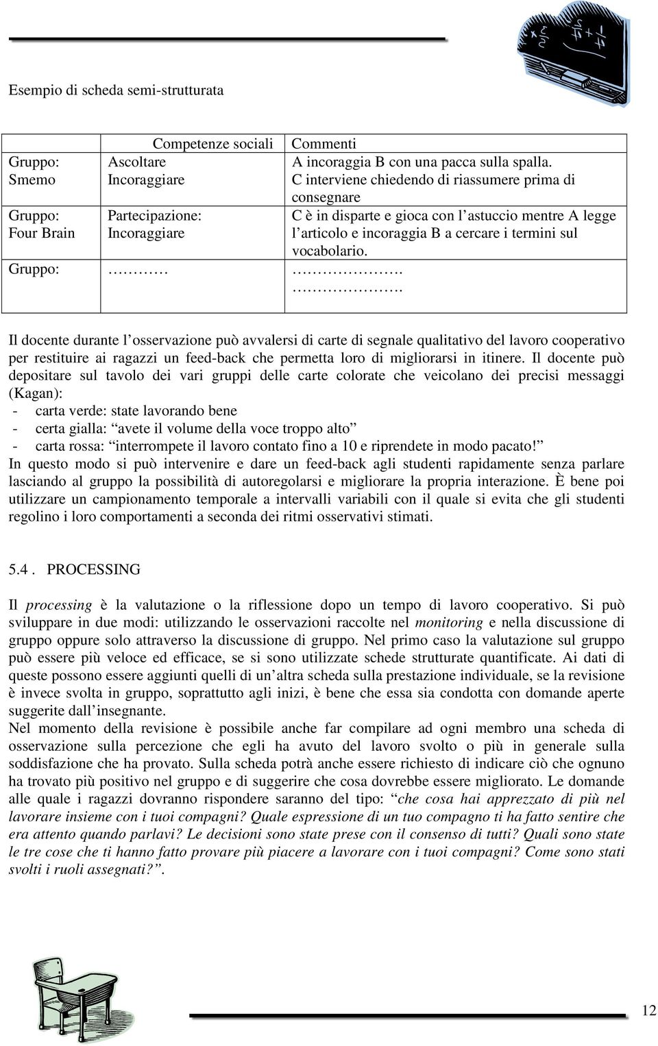 Il docente durante l osservazione può avvalersi di carte di segnale qualitativo del lavoro cooperativo per restituire ai ragazzi un feed-back che permetta loro di migliorarsi in itinere.