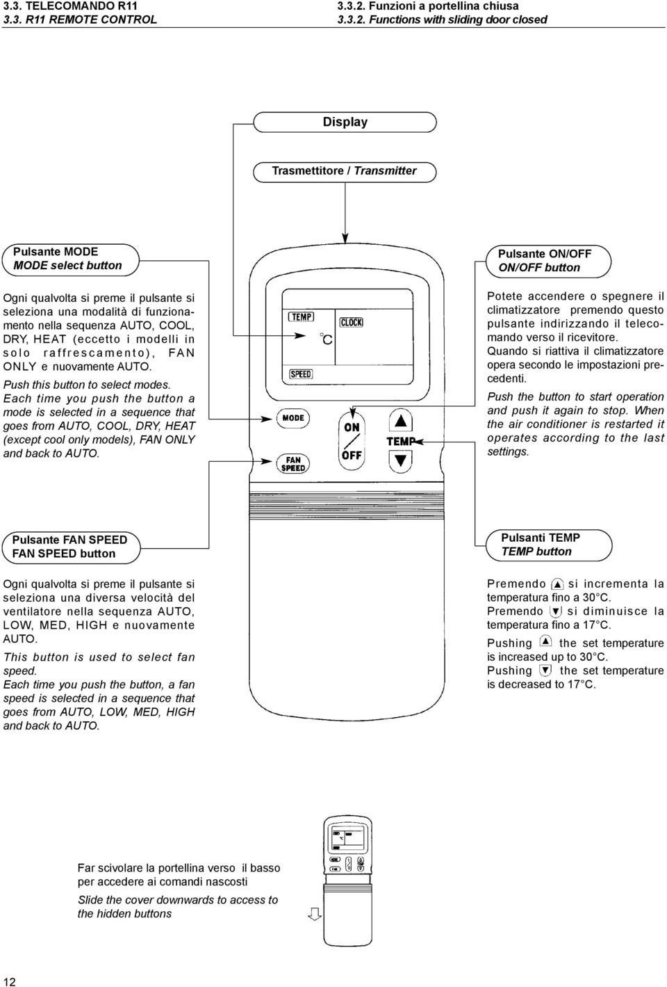 Functions with sliding door closed Display Trasmettitore / Transmitter Pulsante MODE MODE select button Ogni qualvolta si preme il pulsante si seleziona una modalità di funzionamento nella sequenza