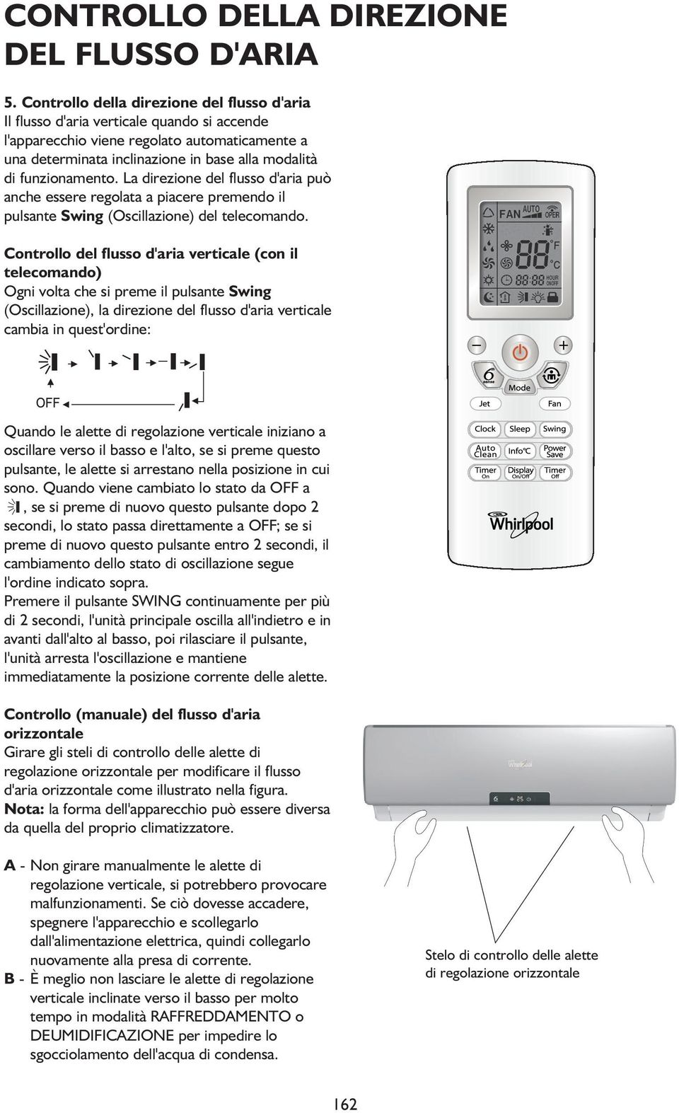 funzionamento. La direzione del flusso d'aria può anche essere regolata a piacere premendo il pulsante Swing (Oscillazione) del telecomando.