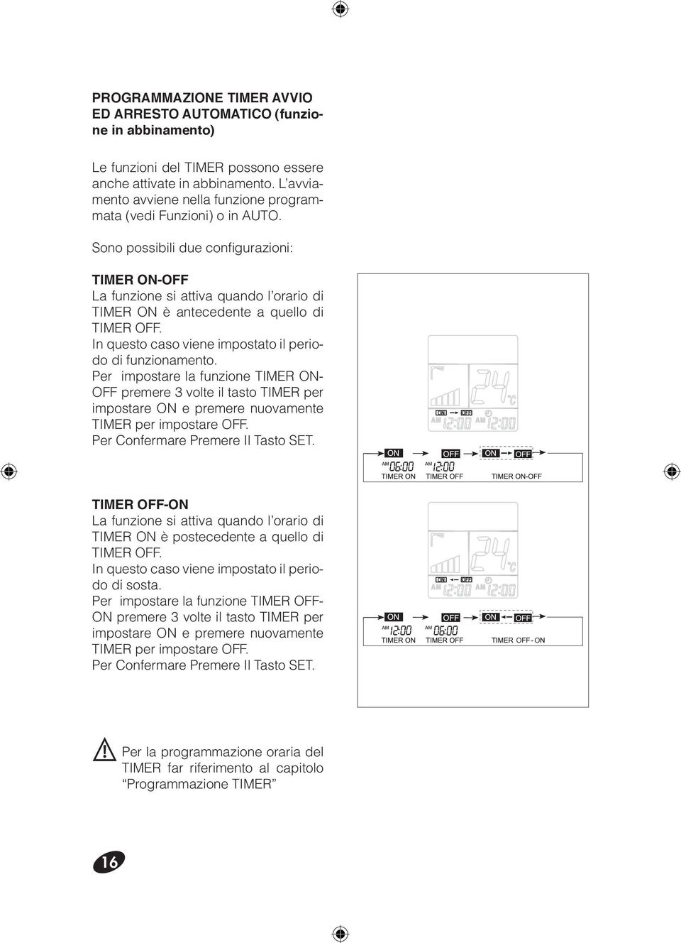 Sono possibili due configurazioni: TIMER ON-OFF La funzione si attiva quando l orario di TIMER ON è antecedente a quello di TIMER OFF. In questo caso viene impostato il periodo di funzionamento.