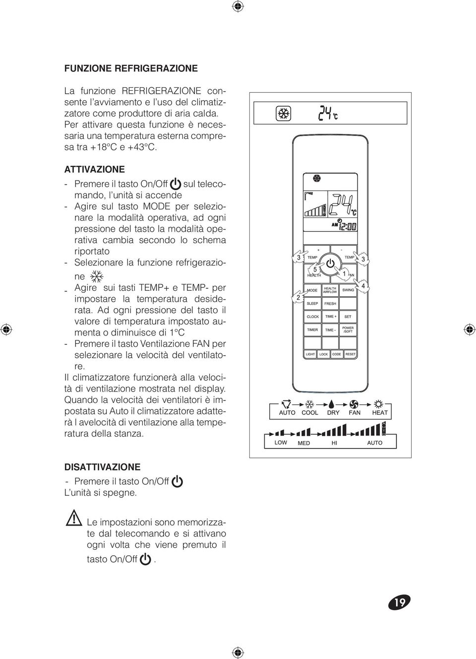 ATTIVAZIONE - Premere il tasto On/Off sul telecomando, l unità si accende - Agire sul tasto MODE per selezionare la modalità operativa, ad ogni pressione del tasto la modalità operativa cambia