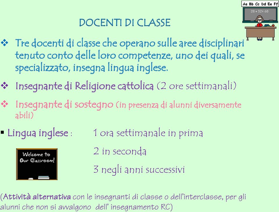 Insegnante di Religione cattolica (2 ore settimanali) Insegnante di sostegno (in presenza di