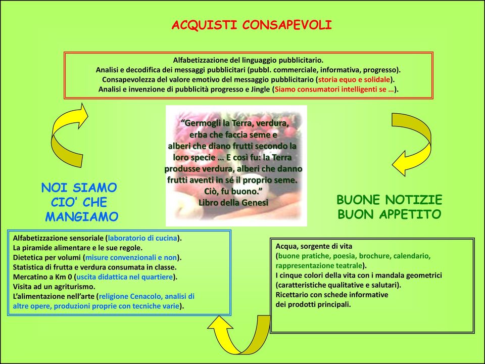 NOI SIAMO CIO CHE MANGIAMO Germogli la Terra, verdura, erba che faccia seme e alberi che diano frutti secondo la loro specie E così fu: la Terra produsse verdura, alberi che danno frutti aventi in sé