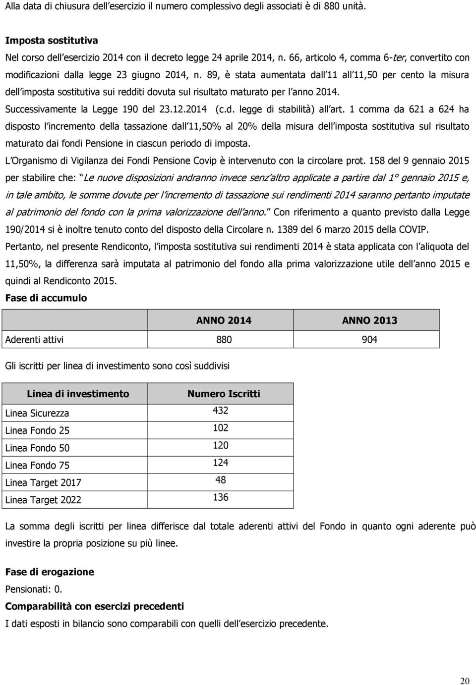 89, è stata aumentata dall 11 all 11,50 per cento la misura dell imposta sostitutiva sui redditi dovuta sul risultato maturato per l anno 2014. Successivamente la Legge 190 del 23.12.2014 (c.d. legge di stabilità) all art.