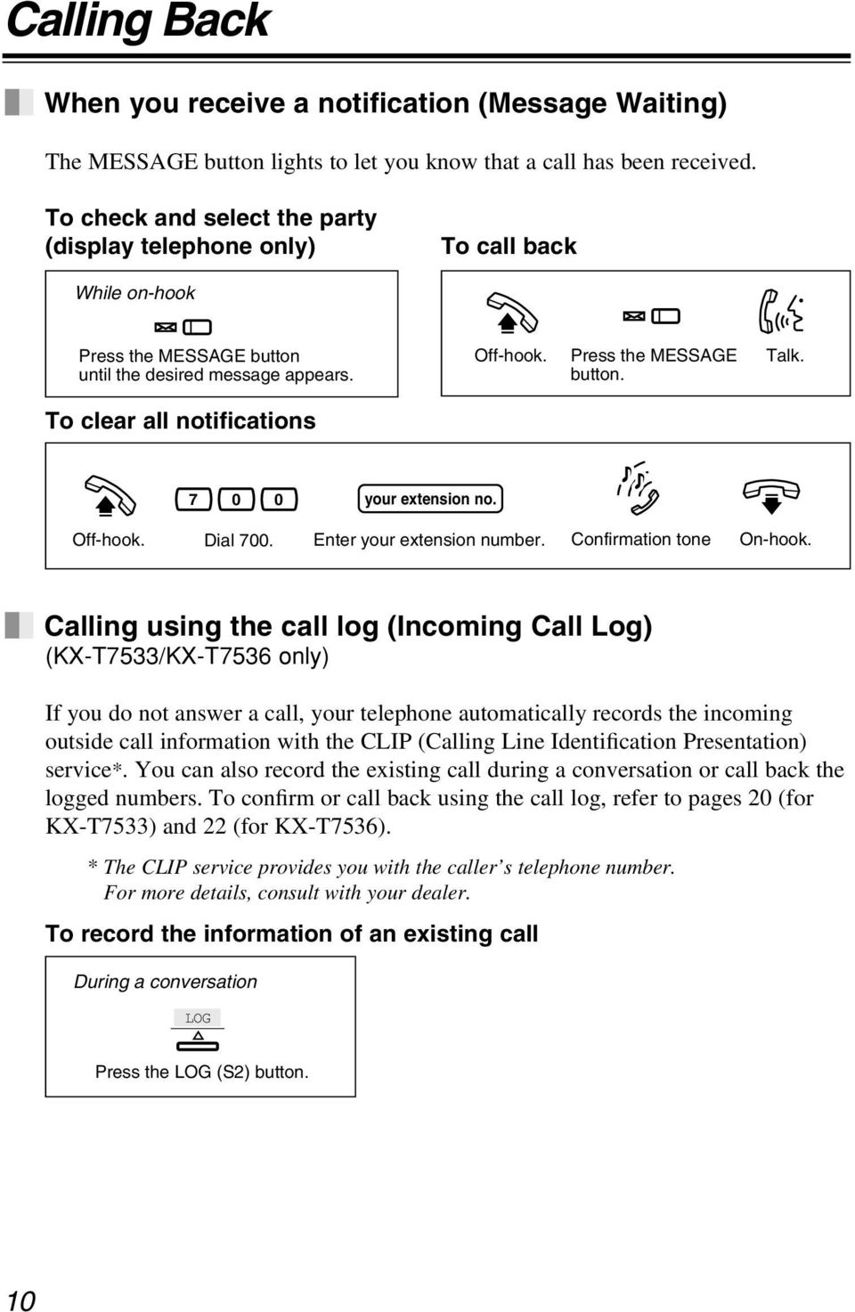 To clear all notifications 7 0 0 your extension no. Off-hook. Dial 700. Enter your extension number. Confirmation tone On-hook.