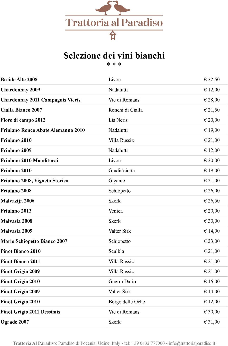 19,00 Friulano 2008, Vigneto Storico Gigante 21,00 Friulano 2008 Schiopetto 26,00 Malvazija 2006 Skerk 26,50 Friulano 2013 Venica 20,00 Malvasia 2008 Skerk 30,00 Malvasia 2009 Valter Sirk 14,00 Mario