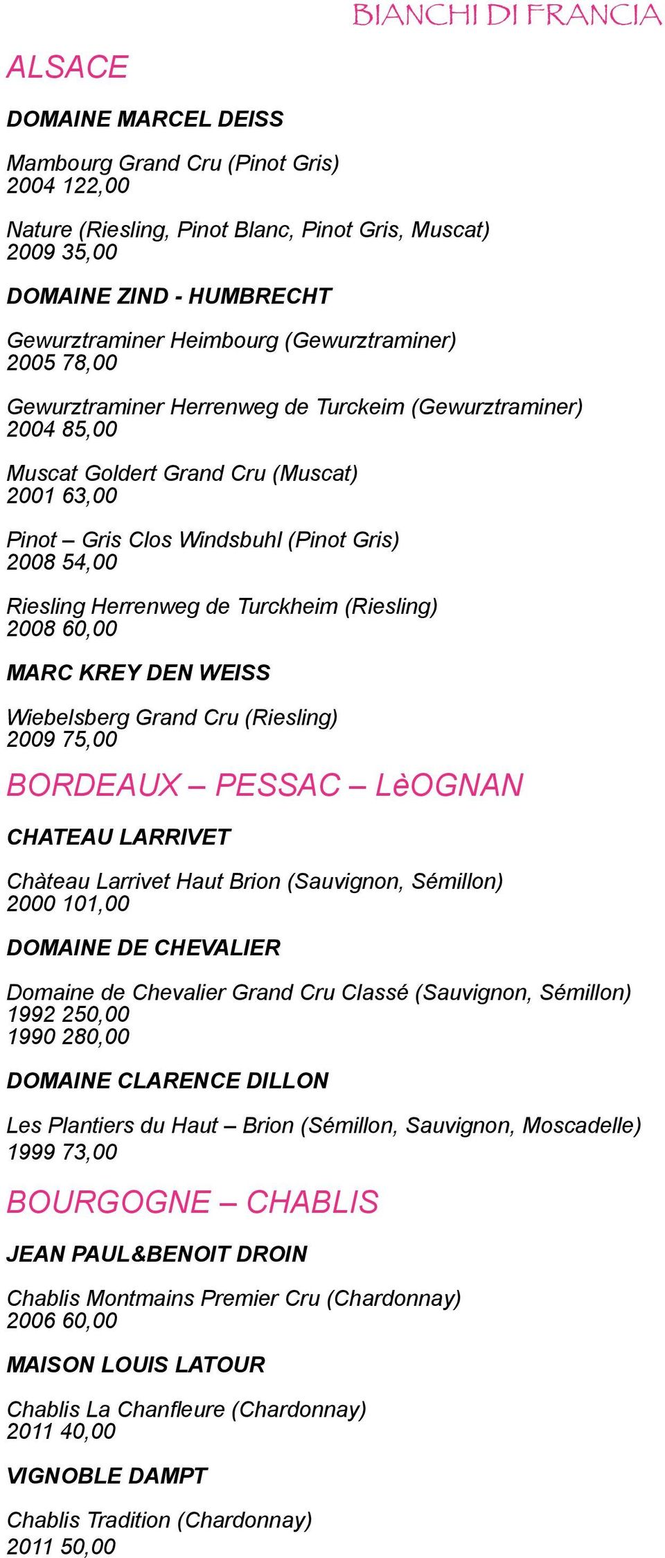 Riesling Herrenweg de Turckheim (Riesling) 2008 60,00 MARC KREY DEN WEISS Wiebelsberg Grand Cru (Riesling) 2009 75,00 BORDEAUX PESSAC LèOGNAN CHATEAU LARRIVET Chàteau Larrivet Haut Brion (Sauvignon,