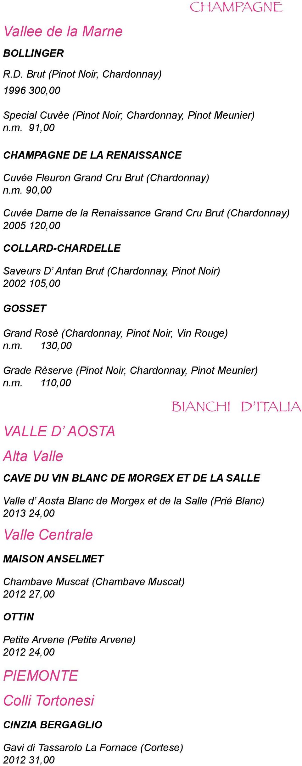 90,00 Cuvée Dame de la Renaissance Grand Cru Brut (Chardonnay) 2005 120,00 COLLARD-CHARDELLE Saveurs D Antan Brut (Chardonnay, Pinot Noir) 2002 105,00 GOSSET Grand Rosè (Chardonnay, Pinot Noir, Vin