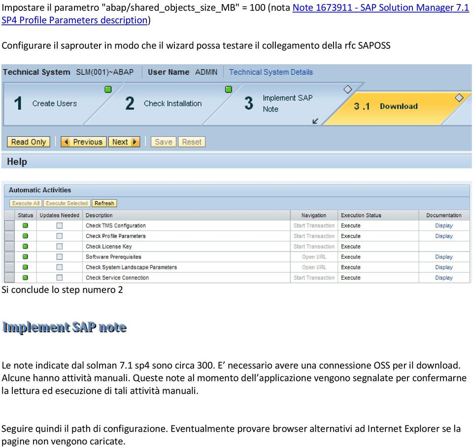 IImpllementt SAP notte Le note indicate dal solman 7.1 sp4 sono circa 300. E necessario avere una connessione OSS per il download. Alcune hanno attività manuali.