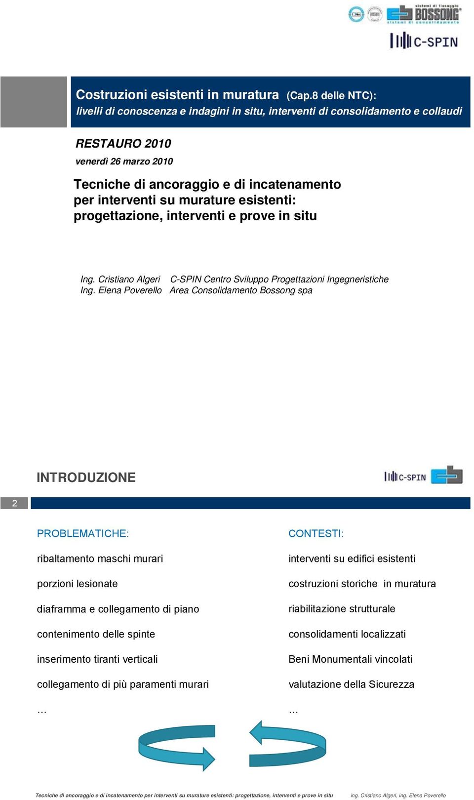 murature esistenti: progettazione, interventi e prove in situ Ing. Cristiano Algeri C-SPIN Centro Sviluppo Progettazioni Ingegneristiche Ing.