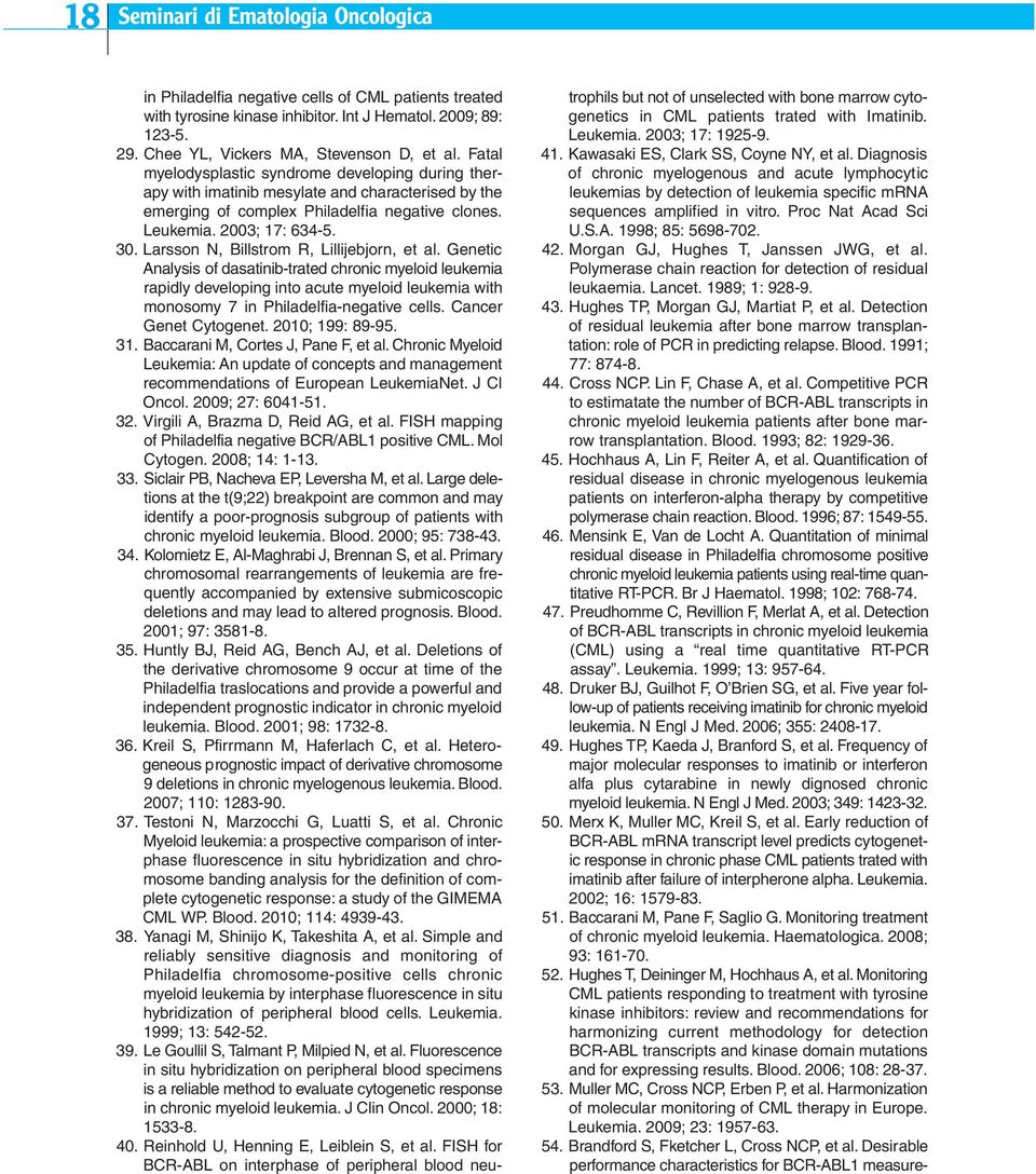 Larsson N, Billstrom R, Lillijebjorn, et al. Genetic Analysis of dasatinib-trated chronic myeloid leukemia rapidly developing into acute myeloid leukemia with monosomy 7 in Philadelfia-negative cells.