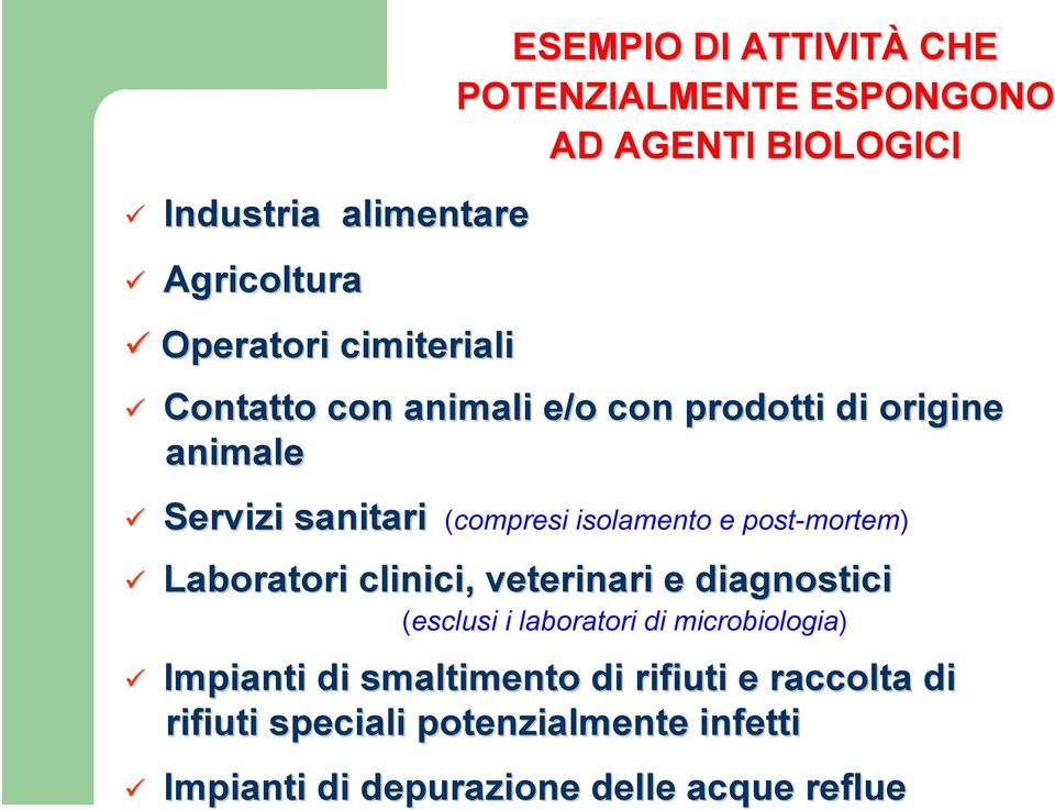 e post-mortem) Laboratori clinici, veterinari e diagnostici (esclusi i laboratori di microbiologia) Impianti di