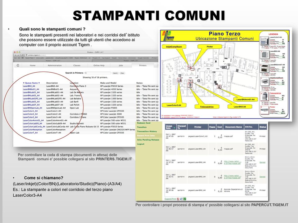 con il proprio account Tigem. Per controllare la coda di stampa (documenti in attesa) delle Stampanti comuni e' possible collegarsi al sito PRINTERS.