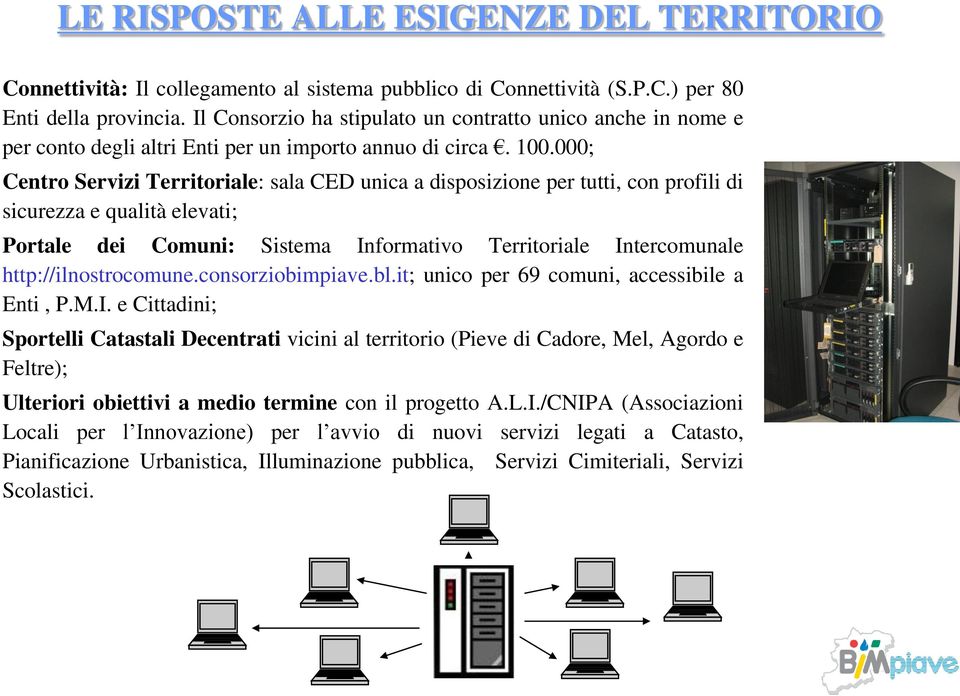 000; Centro Servizi Territoriale: sala CED unica a disposizione per tutti, con profili di sicurezza e qualità elevati; Portale dei Comuni: Sistema Informativo Territoriale Intercomunale