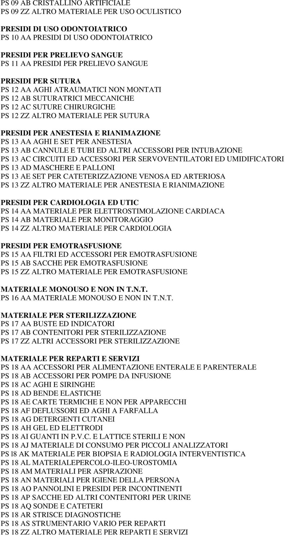 RIANIMAZIONE PS 13 AA AGHI E SET PER ANESTESIA PS 13 AB CANNULE E TUBI ED ALTRI ACCESSORI PER INTUBAZIONE PS 13 AC CIRCUITI ED ACCESSORI PER SERVOVENTILATORI ED UMIDIFICATORI PS 13 AD MASCHERE E